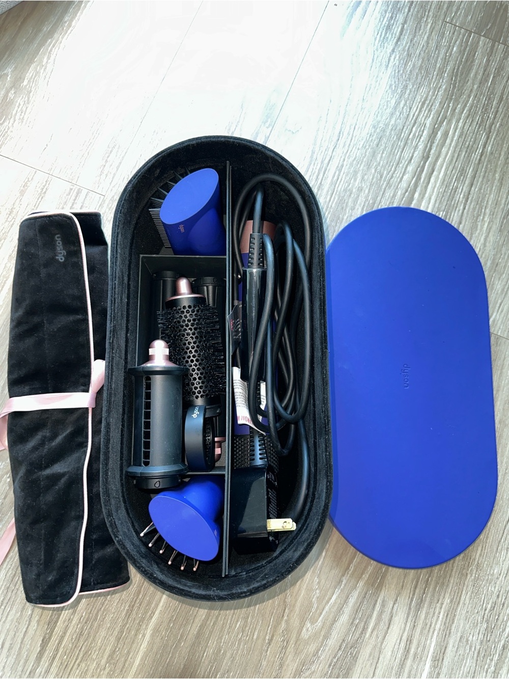 Dyson Men's Hair Styler in Blue and Rose Gold with Multiple Brush Attachments